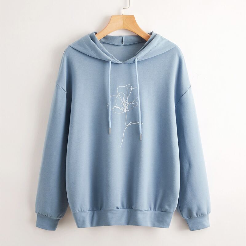 

Graphic Print Drawstring Hoodie, Dusty blue