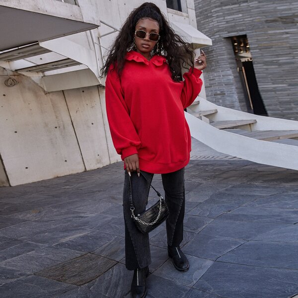 

Plus Ruffle Trim Drop Shoulder Hoodie, Red