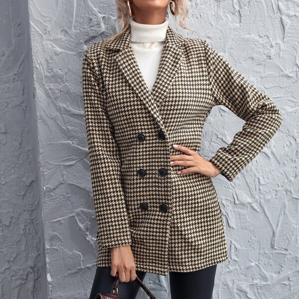 

Double Button Houndstooth Pea Coat, Multicolor
