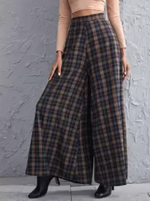 EMERY ROSE 女式格纹阔腿裤（无腰带）秋季布料