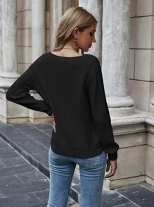EMERY ROSE Solid Ribbed Knit Sweater,Long Sleeve Tops Knit Pullover Fall Winter - Black - View 2