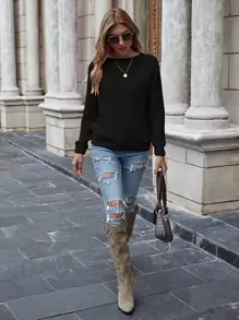 EMERY ROSE Solid Ribbed Knit Sweater,Long Sleeve Tops Knit Pullover Fall Winter - Black - View 3