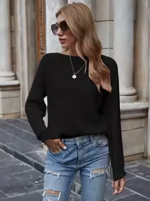 EMERY ROSE Solid Ribbed Knit Sweater,Long Sleeve Tops Knit Pullover Fall Winter - Black - View 4