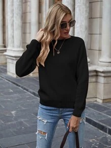 EMERY ROSE Solid Ribbed Knit Sweater,Long Sleeve Tops Knit Pullover Fall Winter - Black - View 5
