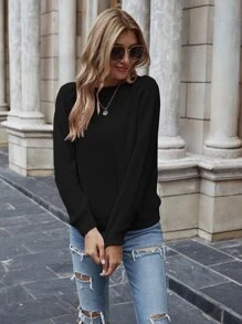 EMERY ROSE Solid Ribbed Knit Sweater,Long Sleeve Tops Knit Pullover Fall Winter - Black - View 6