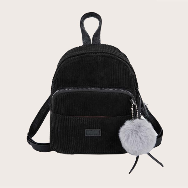 

Pom Pom Decor Corduroy Backpack, Black