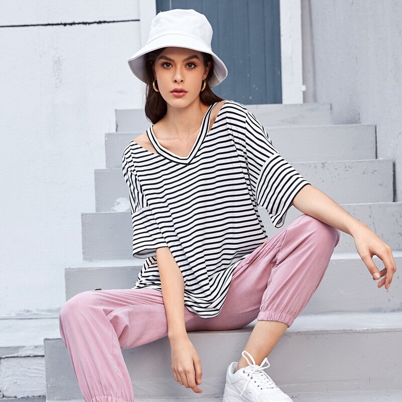 

Cut Out Striped Drop Shoulder Tee, Black and white