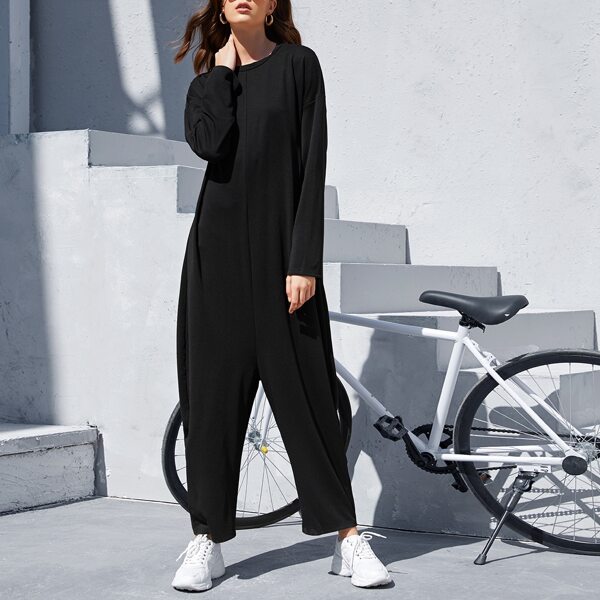 

Drop Shoulder Solid Drop-crotch Jumpsuit, Black
