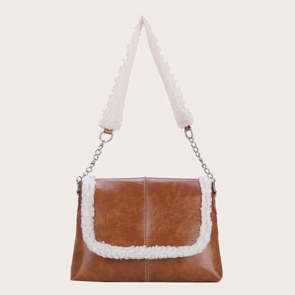 

Faux Shearling Trim Flap Shoulder Bag, Brown