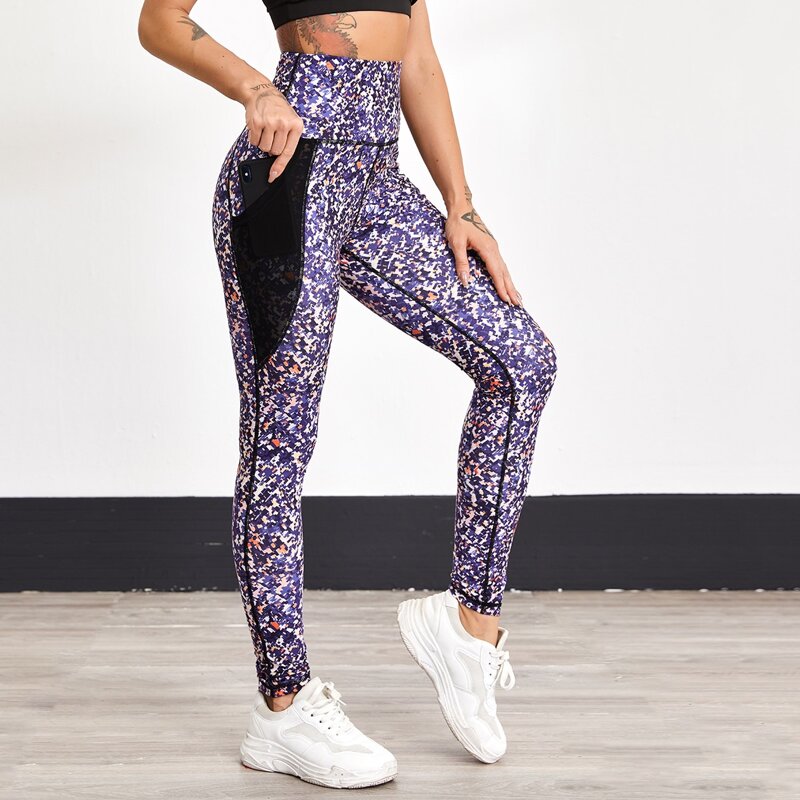 

Graphic Print Sports Leggings With Mesh Pocket, Multicolor