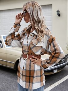 SHEIN LUNE 紐扣門襟翻蓋口袋格紋外套