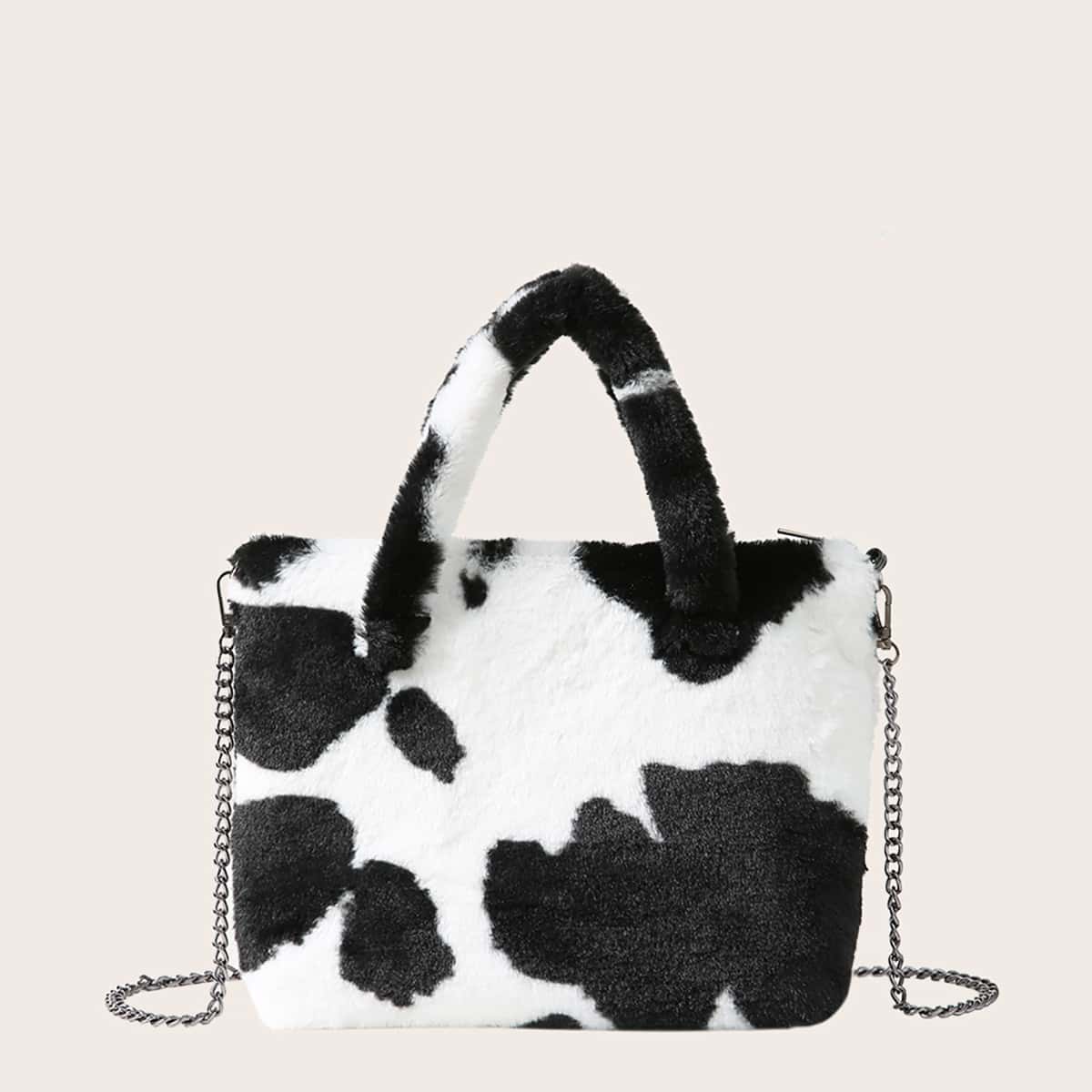 Image of Cow Pattern Fluffy Chain Tote Bag