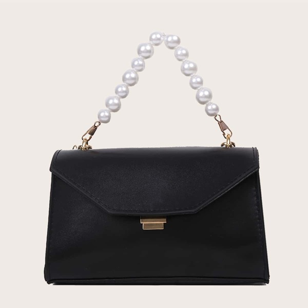 

Faux Pearl Handle Flap Satchel Bag, Black