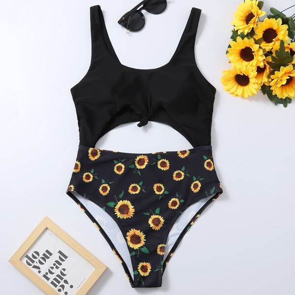 

Sunflower Print Cut-out One Piece Swimsuit, Multicolor