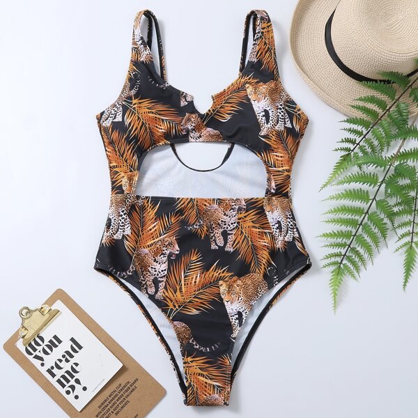

Leaf & Leopard Print Cut-out One Piece Swimsuit, Multicolor