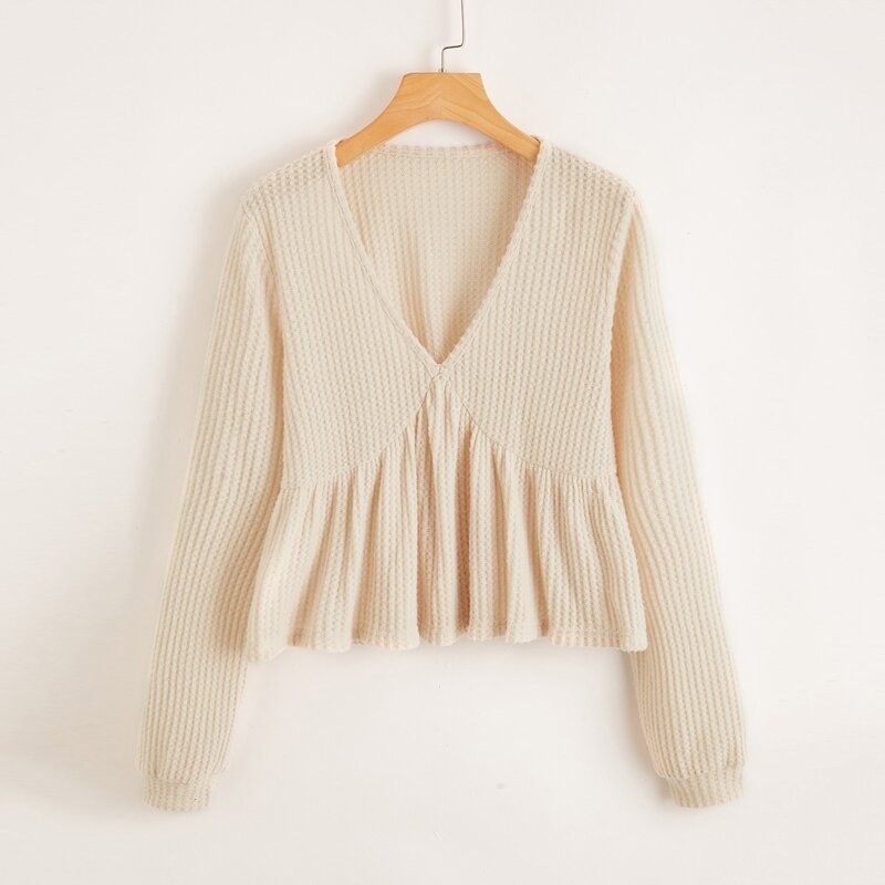 

Ruffle Hem Waffle Knit Sweater, Beige