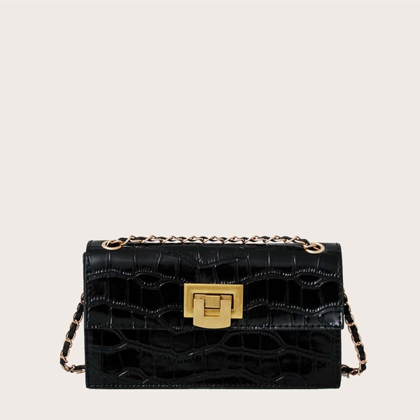 

Metal Lock Croc Embossed Chain Crossbody Bag, Black