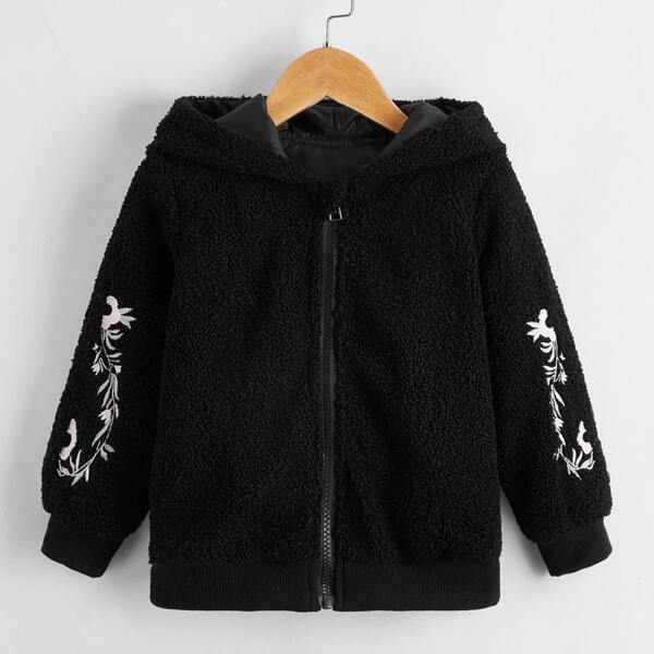 

Toddler Girls Floral Embroidery Hooded Teddy Coat, Black