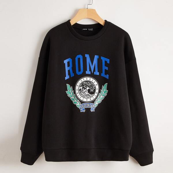 

Letter Graphic Oversized Thermal Lined Pullover, Black