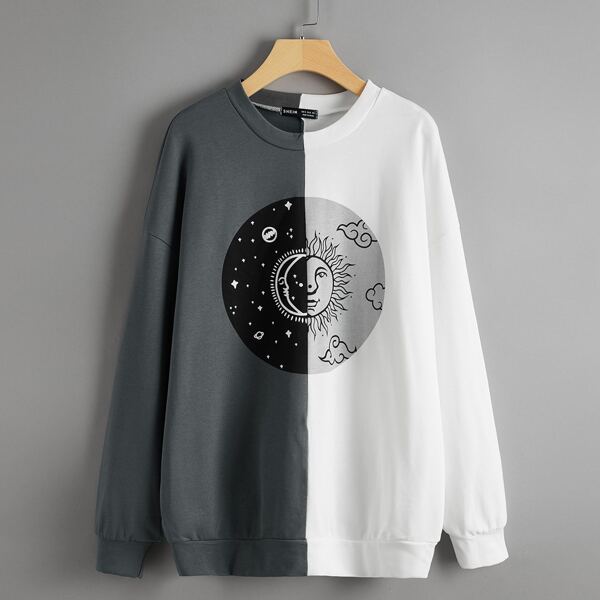 

Drop Shoulder Sun & Moon Print Colorblock Pullover, Multicolor