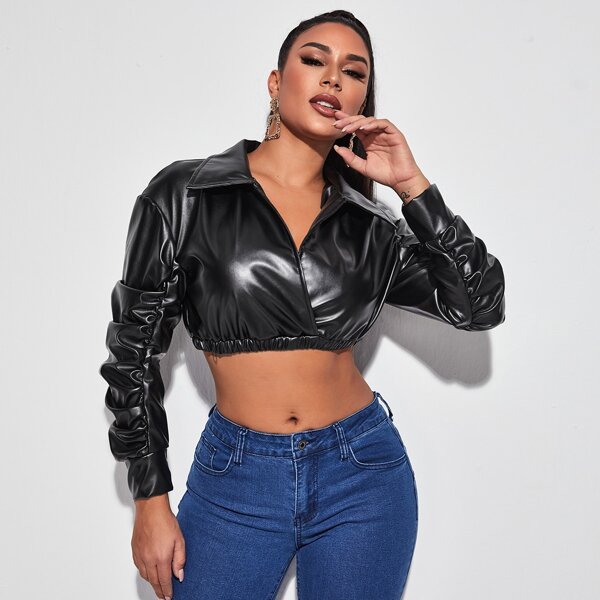 

Gathered Sleeve Crop PU Padded Jacket, Black