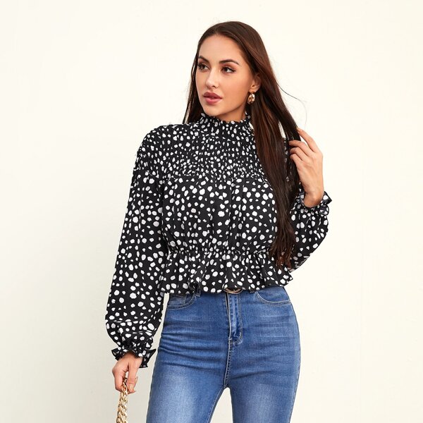 

Shirred Yoke Allover Print Peplum Top, Black and white