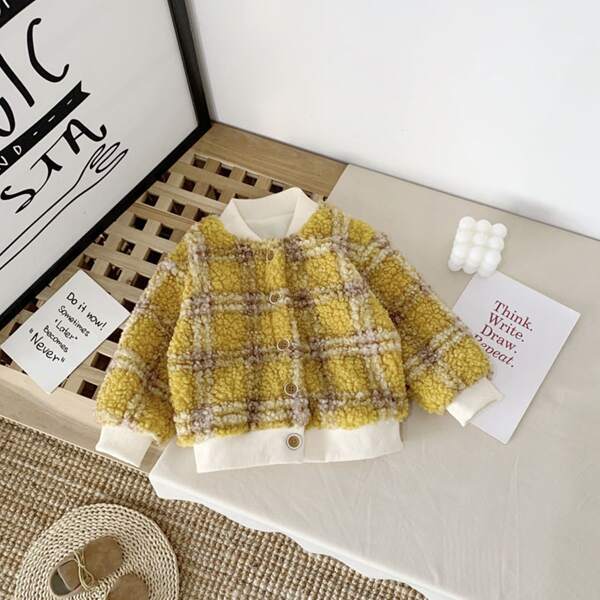 

Toddler Girls Plaid Baseball Collar Teddy Jacket, Yellow