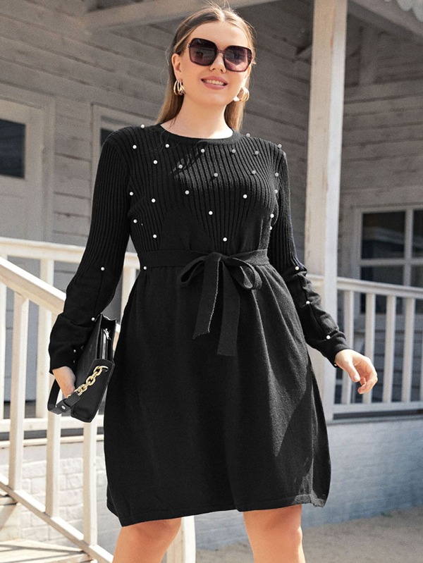 Celure Vestido de punto con cinturón y cuentas tipo perlas, para invierno