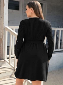 SHEIN Unity Plus Pearls Beaded Belted Knit Dress, For Winter - Black - View 2