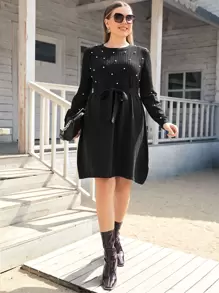 SHEIN Unity Plus Pearls Beaded Belted Knit Dress, For Winter - Black - View 4