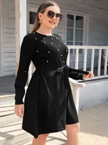 SHEIN Unity Plus Pearls Beaded Belted Knit Dress, For Winter - Black - View 5