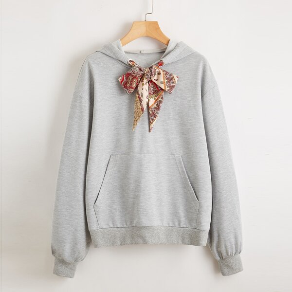 

Scarf Tie Front Drop Shoulder Hoodie, Grey