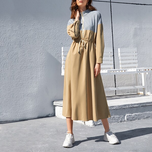 

Half Zip Two Tone Drawstring Waist Sweatshirt Dress, Khaki