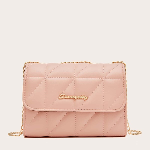 

Letter Detail Quilted Chain Shoulder Bag, Pink