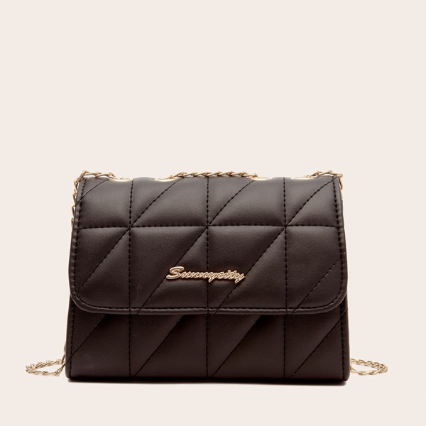 

Letter Detail Quilted Chain Shoulder Bag, Black