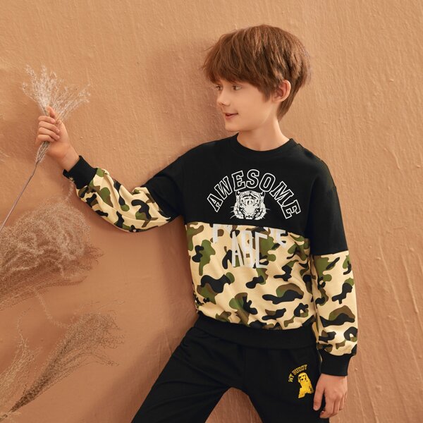 

Boys Drop Shoulder Letter & Camo Graphic Colorblock Pullover, Multicolor