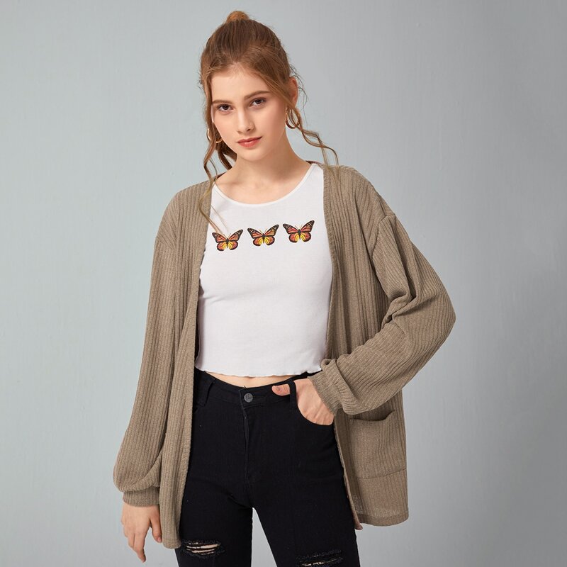 

Solid Ribbed Pocket Cardigan, Mocha brown