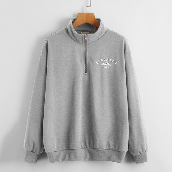 

Plus Half Placket Letter Graphic Drop Shoulder Sweatshirt, Light grey