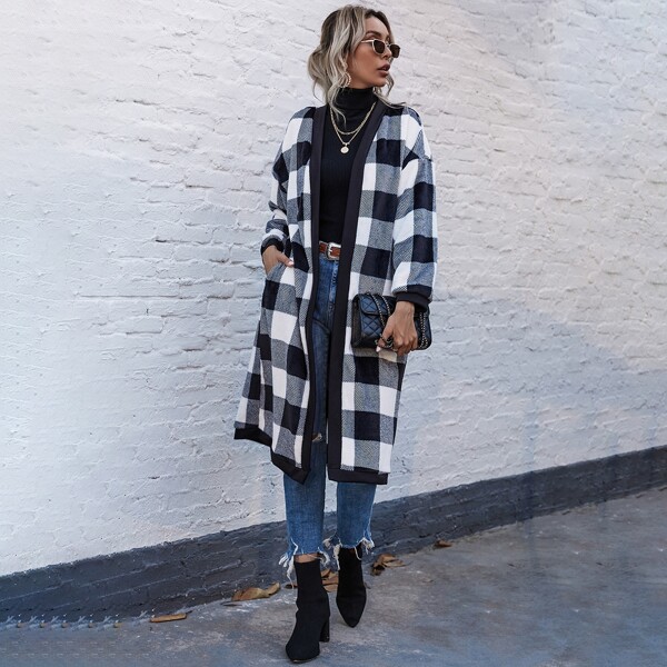 

Buffalo Plaid Drop Shoulder Flannel Coat, Black and white