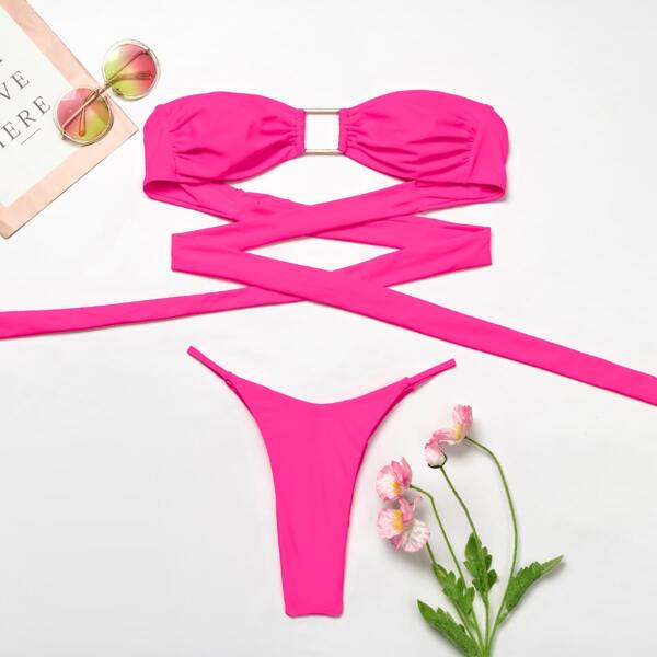 

Criss Cross Bandeau Thong Bikini Swimsuit, Hot pink