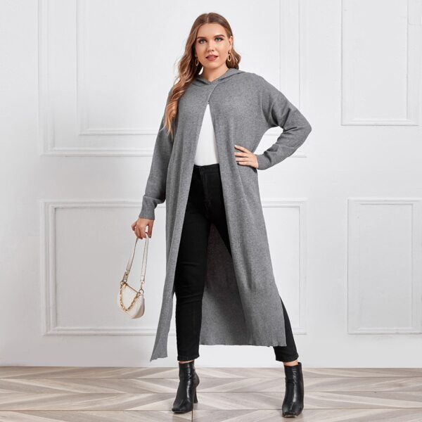 

Plus Drop Shoulder Hooded Split Thigh Longline Sweater, Grey