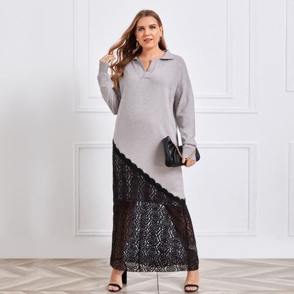 

Plus Drop Shoulder Notch Neck Contrast Lace Sweater Dress, Grey