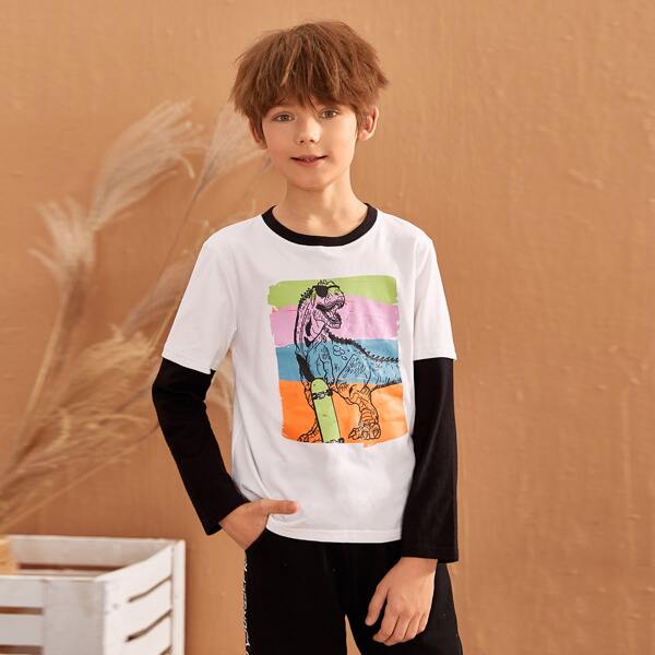 

Boys Dinosaur Print Colorblock 2 In 1 Tee, White