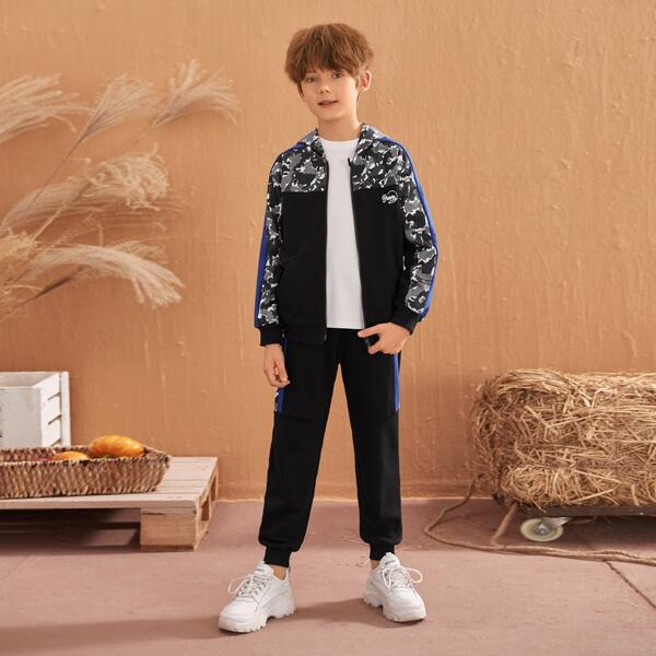 

Boys Zip Up Colorblock Camo & Letter Graphic Hoodie & Sweatpants Set, Black