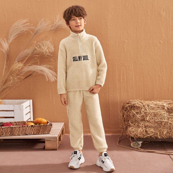 

Boys Half Zip Letter Embroidery Teddy Sweatshirt & Pants Set, Apricot