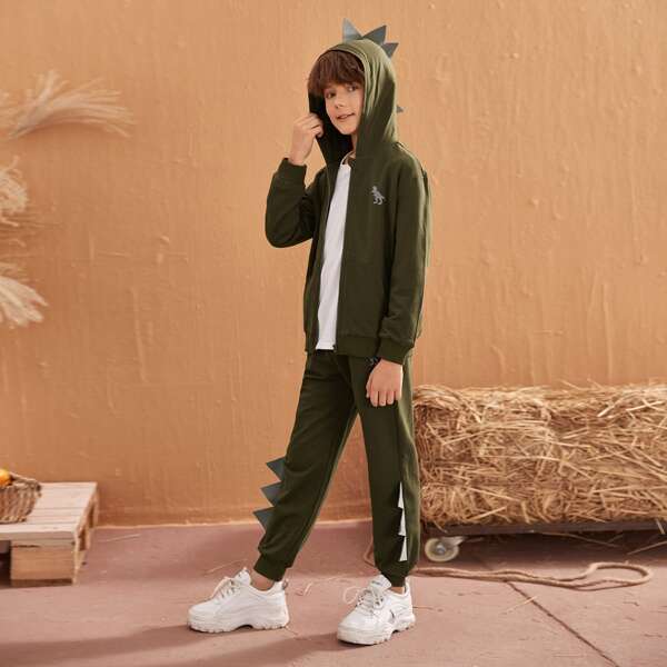 

Boys Zip Up Dinosaur Print Hoodie & Sweatpants Set, Army green