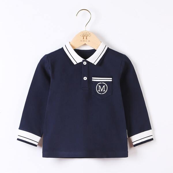 

Toddler Boys Letter Embroidery Pocket Patched Polo Shirt, Navy blue