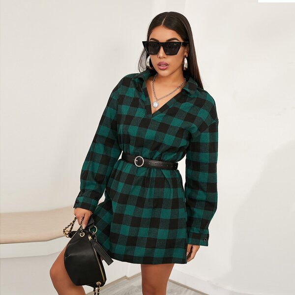 

Gingham Print Drop Shoulder Dress Without Belt, Multicolor