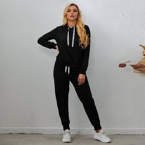 

Letter Graphic Drawstring Hoodie With Sweatpants, Black