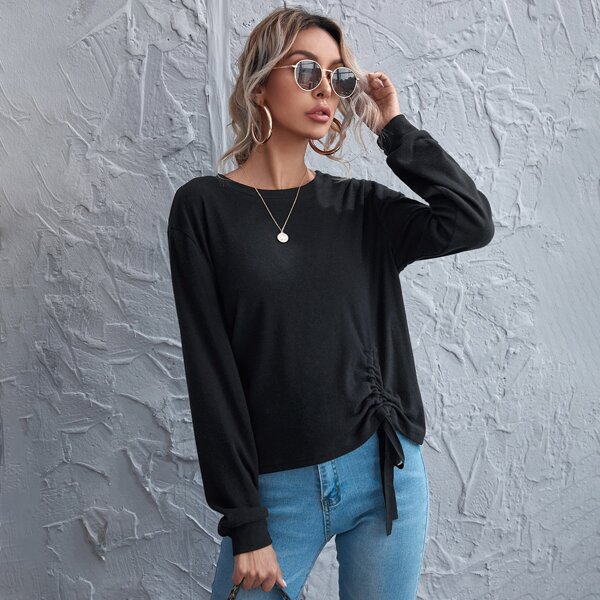 

Drawstring Ruched Drop Shoulder Tee, Black
